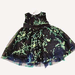 NWT Mitun Youth Girls Black and Green Floral Tulle Party Dress Sz 8